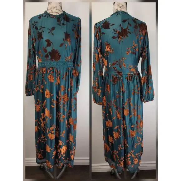 slim fit dress slacks Baltic Born Womens Lavinia Ruffle Maxi Dress | Rust + Green Floral